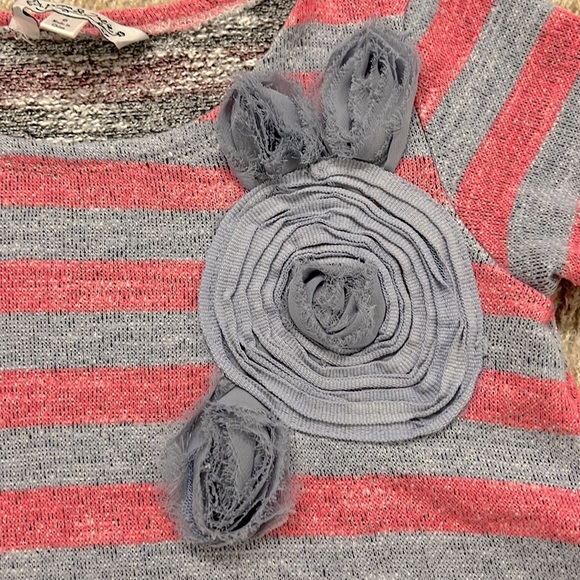 Girls pink and gray striped sweater with flower detail. Asymmetric hemline - Picture 2 of 3